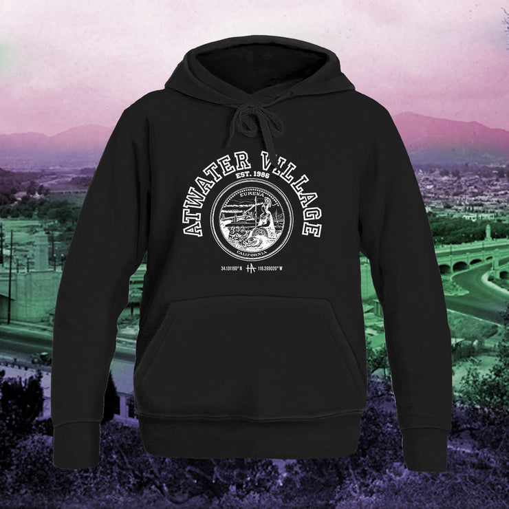 Los Angeles Atwater Village pullover hoodie in white on black - classic vintage style